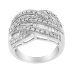 .925 Sterling Silver 1.0 Cttw Channel Set Alternating Round and Baguette Diamond Cross-over Bypass Ring Band (I-J Color, I2-I3 Clarity) - Size 7