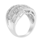 .925 Sterling Silver 1.0 Cttw Channel Set Alternating Round and Baguette Diamond Cross-over Bypass Ring Band (I-J Color, I2-I3 Clarity) - Size 7