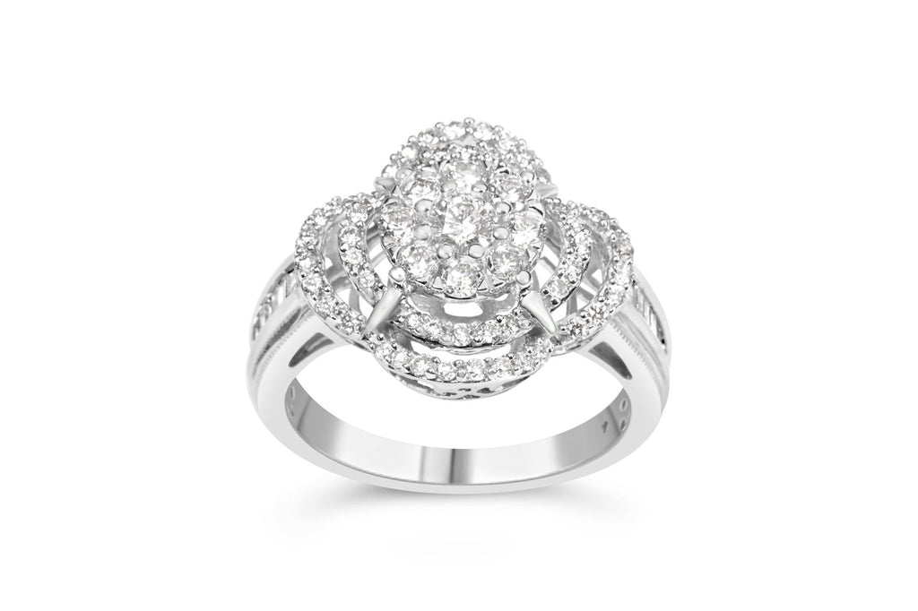 14K White Gold 1.0 Cttw Round & Baguette Cut Diamond Floral Cluster Quatrefoil Channel Set Band Cocktail Statement Ring (H-I Color, SI2-I1 Clarity)