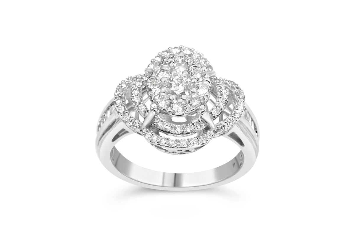 14K White Gold 1.0 Cttw Round & Baguette Cut Diamond Floral Cluster Quatrefoil Channel Set Band Cocktail Statement Ring (H-I Color, SI2-I1 Clarity)