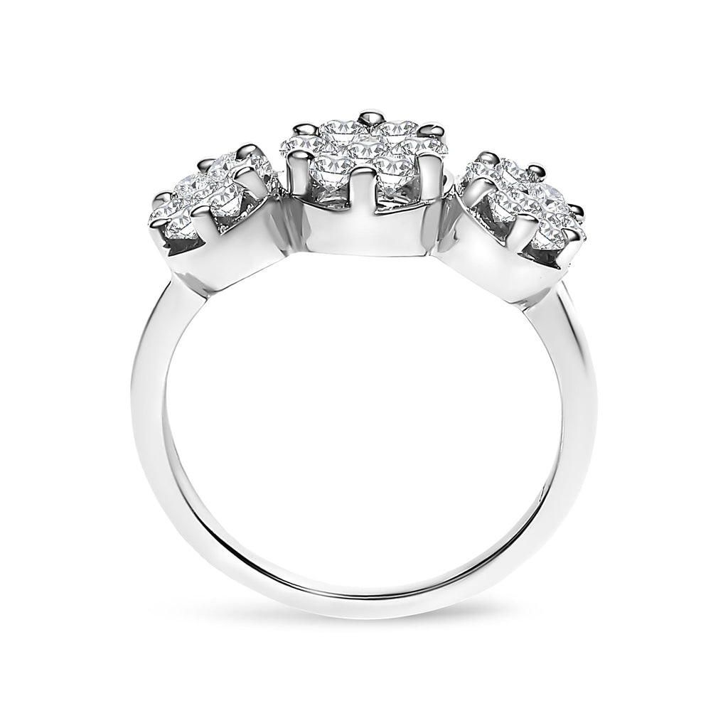 14K White Gold 1-1/4 Cttw Brilliant Cut Diamond Three Round Floral Clusters Engagement or Fashion Ring (H-I Color, SI2-I1 Clarity)