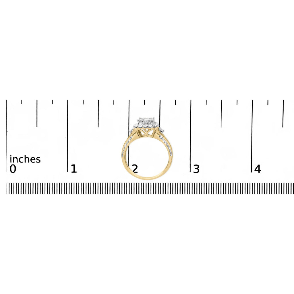 10K Yellow Gold 1.0 Cttw Diamond Composite Cushion-Shape Halo 3-Band-Look Engagement Ring (H-I Color, SI1-SI2 Clarity)