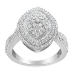 .925 Sterling Silver 1.0 Cttw Round & Baguette-Cut Diamond Marquise-Shaped Cluster Triple Stepped Halo Cocktail Fashion Ring (I-J Color, I2-I3 Clarity) - Size 7