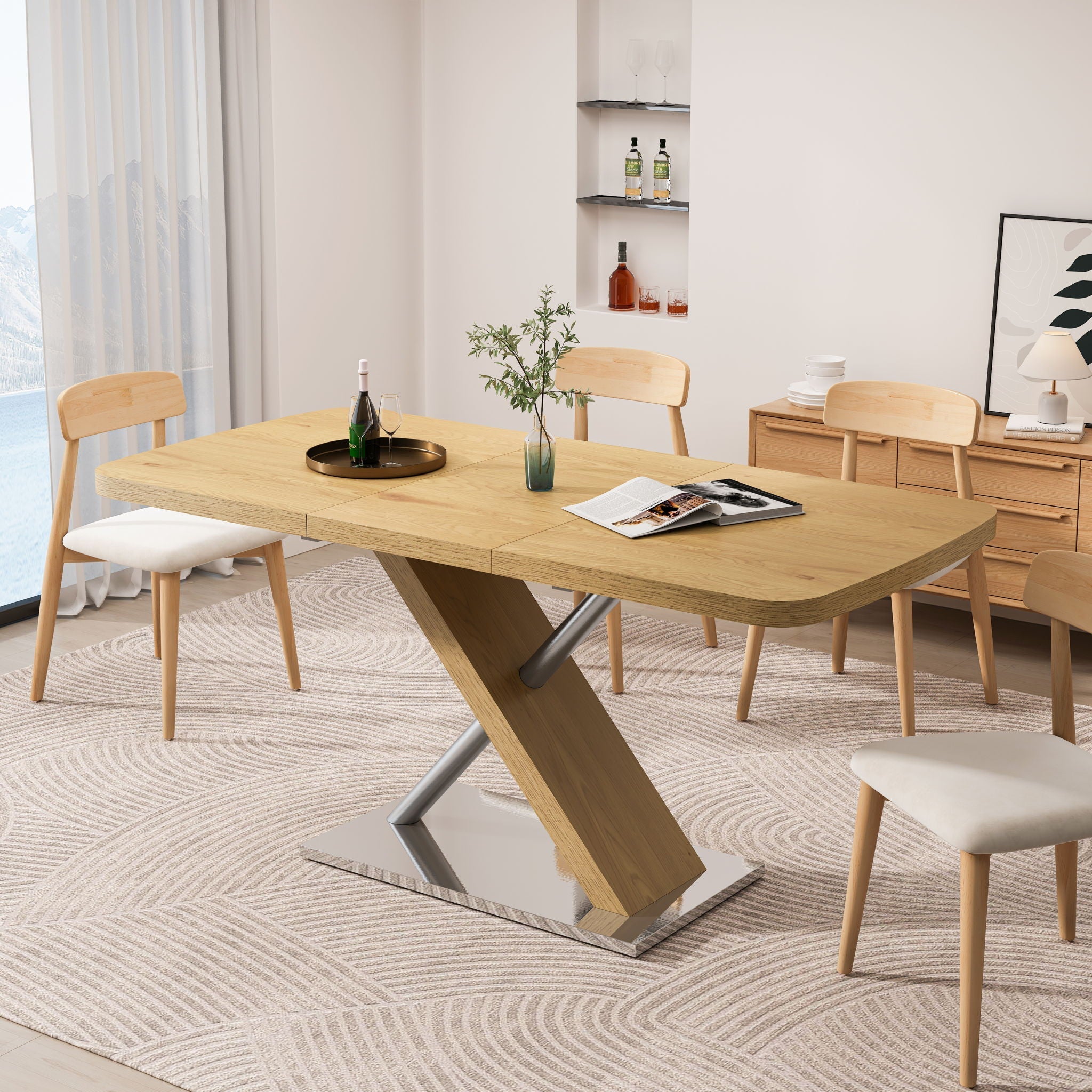 Retractable Square Dining Table, Seating 4 - 6 People - Natural