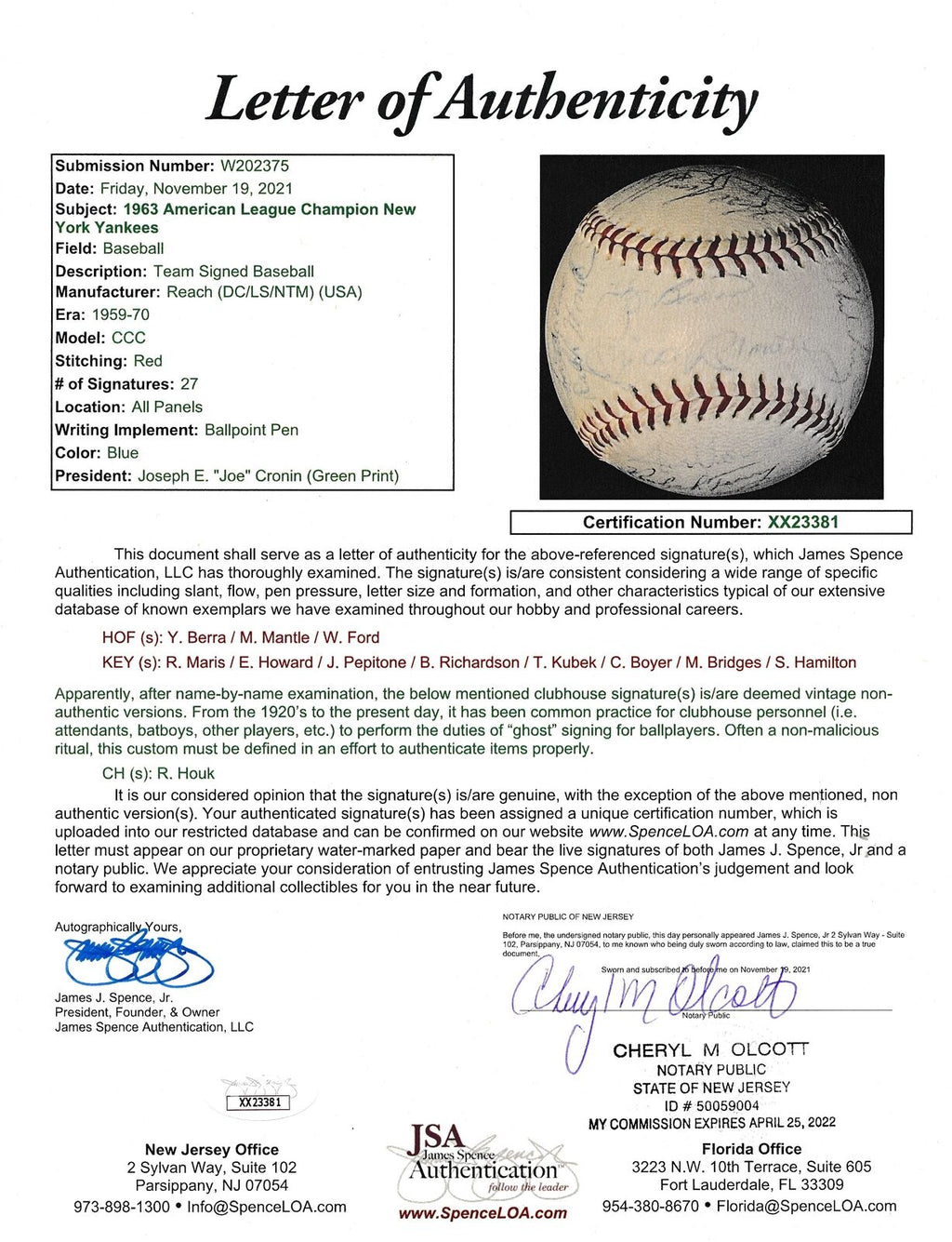 1963 AL Champs NY Yankees Team Signed 27 Reach Baseball Mantle Maris JSA 165155