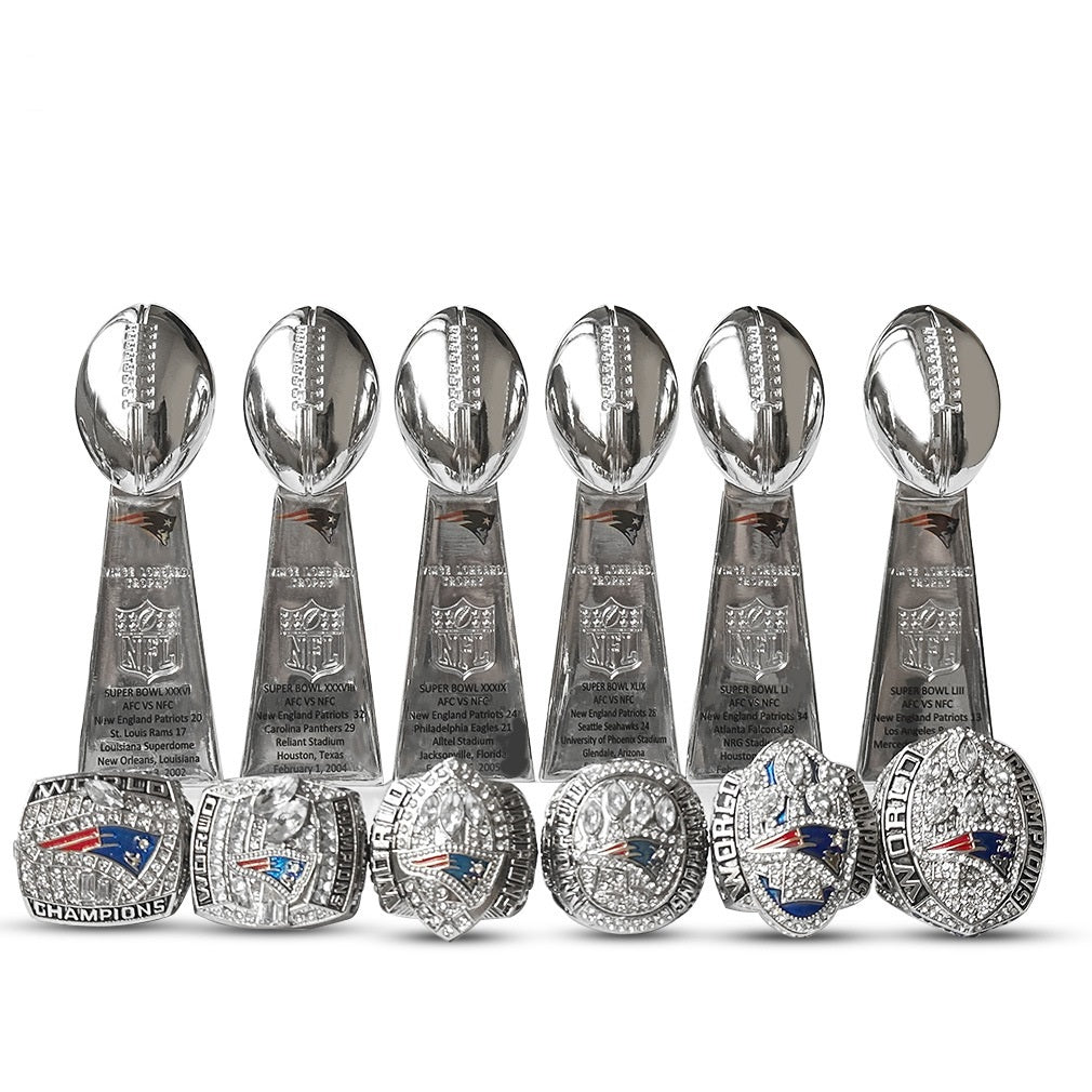 New England Patriots Super Bowl Championship Ring & Trophy Set– 2002, 2004, 2005, 2015, 2017 & 2019