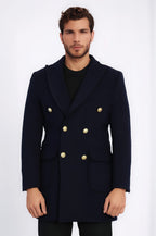 Navy Blue Metal Buttoned Double Breasted Long Coat - Wessi
