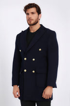 Navy Blue Metal Buttoned Double Breasted Long Coat - Wessi