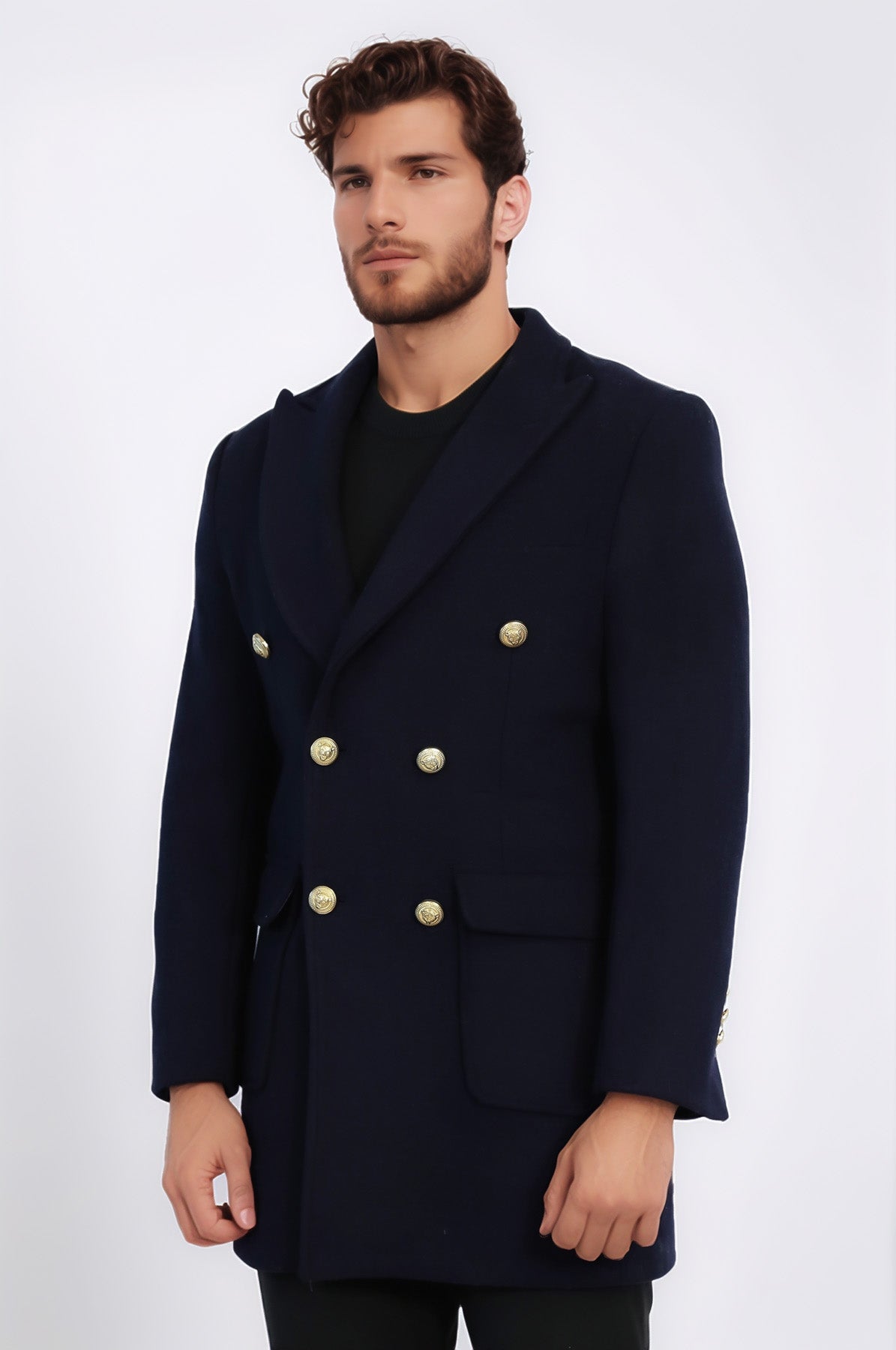 Navy Blue Metal Buttoned Double Breasted Long Coat - Wessi