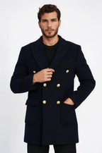 Navy Blue Metal Buttoned Double Breasted Long Coat - Wessi