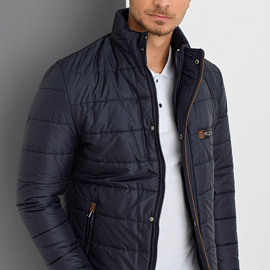 Mock Neck Striped Quilted Jacket // Dark Blue