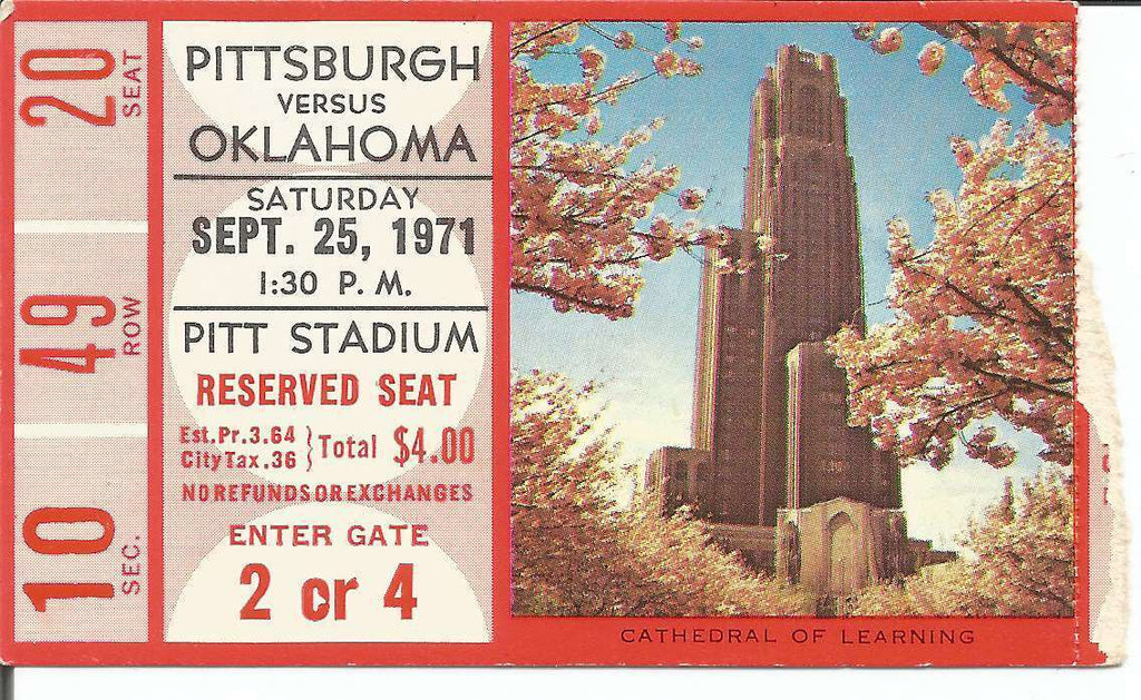 1971 Pittsburgh vs. Oklahoma Football Game Ticket Stub at Pitt Stadium 150346