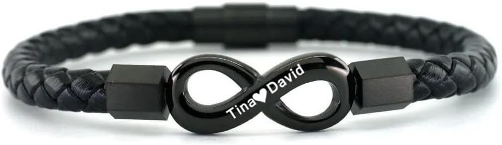 Personalized Leather Infinity Bracelet – Custom Engraved Braided Wristband Gift