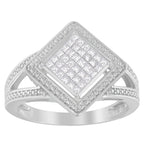 .925 Sterling Silver 1/3 Cttw Invisible Set Princess-Cut Diamond Rhombus and Beaded Halo Ring (H-I Color, SI1-SI2 Clarity) - Ring Size 7