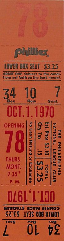 October 1, 1970 Full Ticket Final Game Phillies Connie Mack Stadium 187841