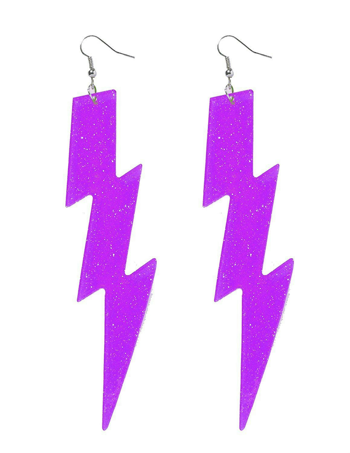 Neon Purple Plastic Glitter Lightning Bolt Earrings Club Candy Accessory