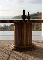 Round Dining Table with Solid Wood Drum Pedestal Base