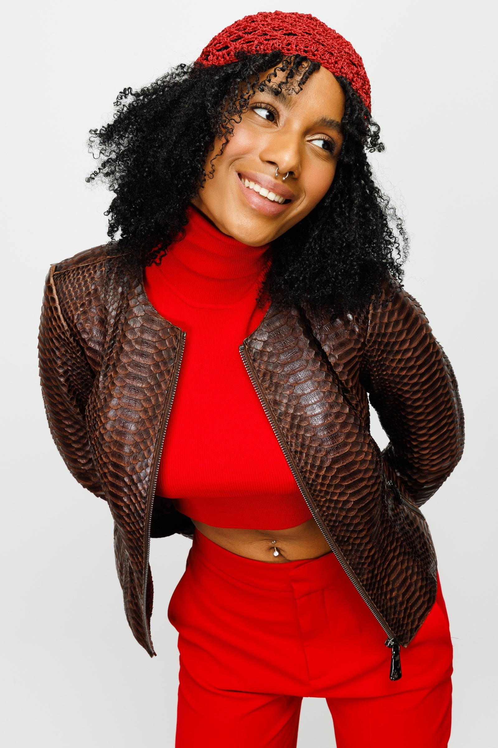 The Mekke Pythn Skin Brown Leather Women Jacket