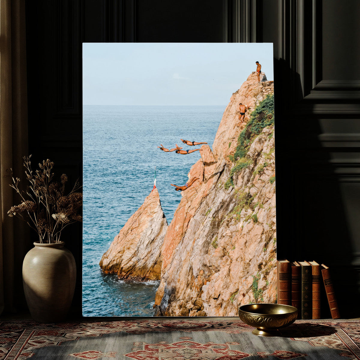 Cliff Dive Wall Art | Ocean Jump Canvas Print, Blue Sky
