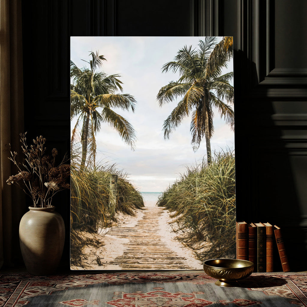 Tropical Palm Wall Art | Sandy Pathway Canvas Print, Ocean View