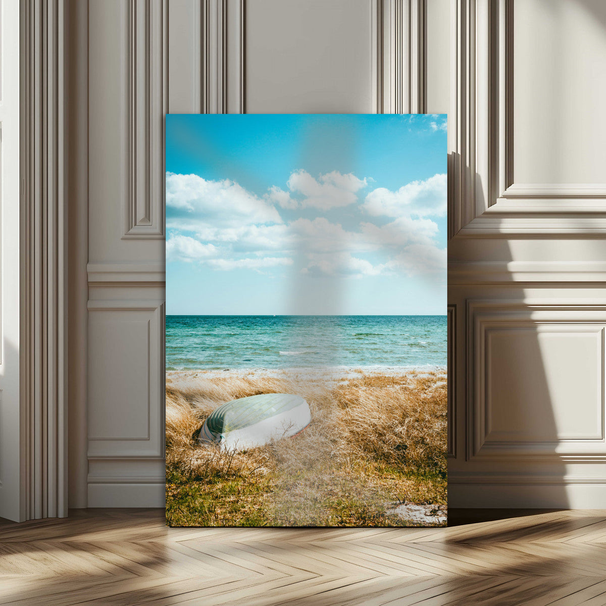 Coastal Serenity Wall Art Canvas Print, Framed Ocean View Art, Rustic Boat Nautical Coastal Decor