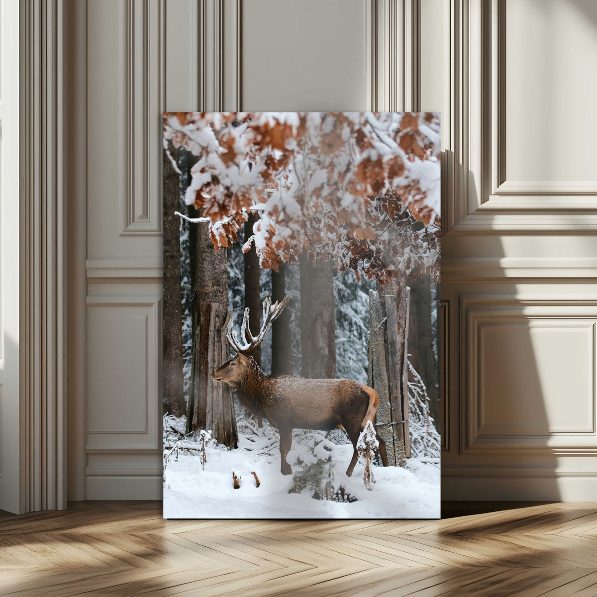 Serene Landscape Wall Art Canvas Print, Framed Winter Wonderland Deer Art, Rustic Cabin Decor
