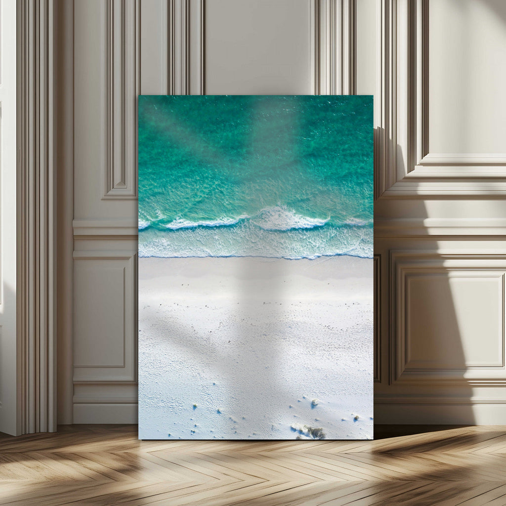Turquoise Ocean Wall Art Canvas Print, Framed White Sand Shore Art, Gentle Waves Coastal Decor