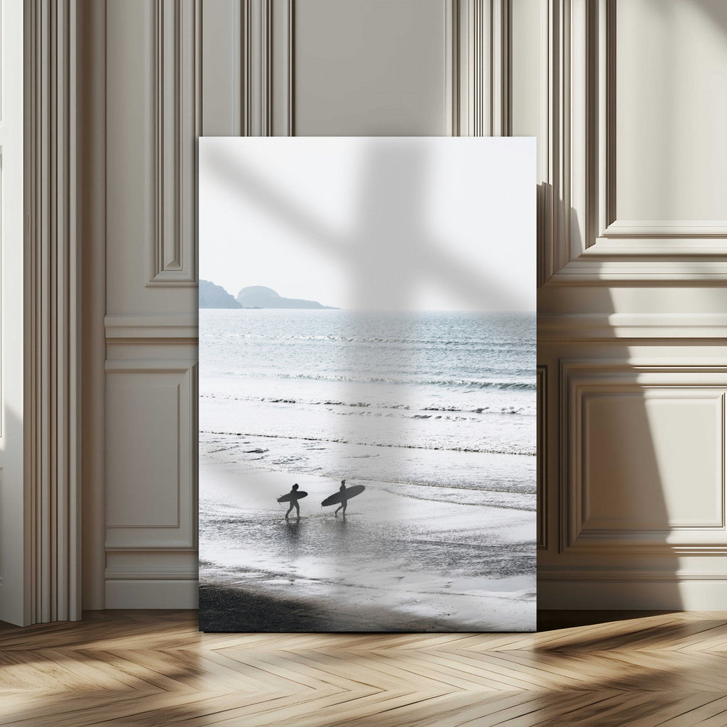 Surfer Silhouettes Wall Art Canvas Print, Framed Minimalist Ocean Art, Soft Horizon Coastal Decor