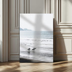 Surfer Silhouettes Wall Art Canvas Print, Framed Minimalist Ocean Art, Soft Horizon Coastal Decor