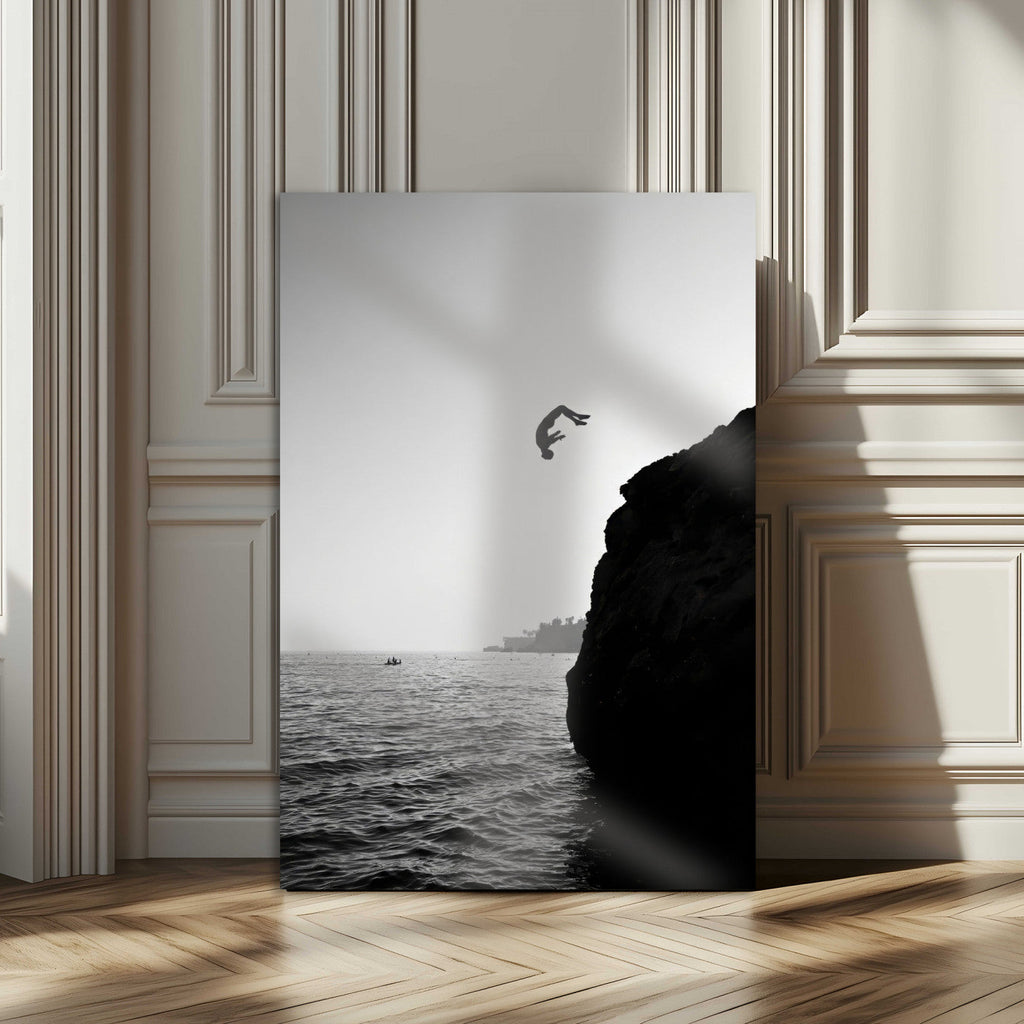 Silhouette Cliff Diver Wall Art | Framed Black White Ocean Canvas