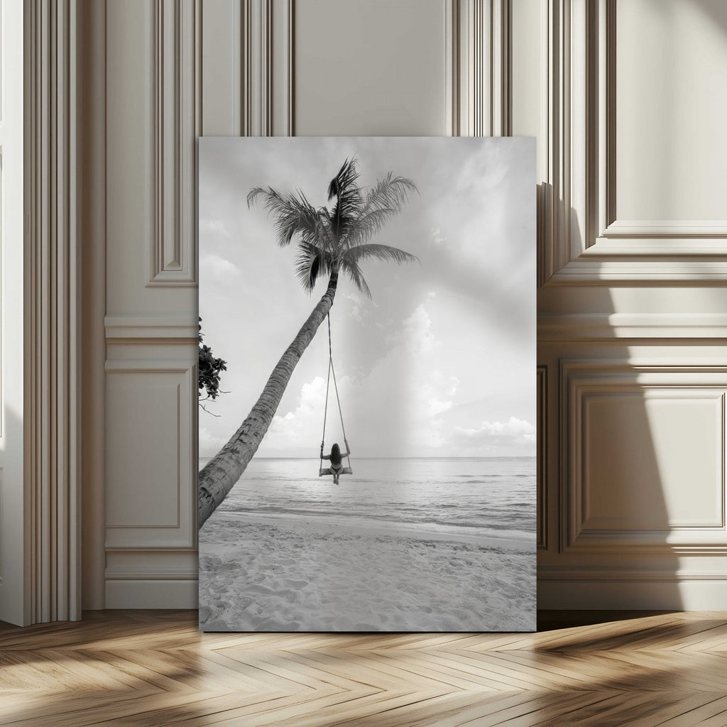 Black White Palm Tree Wall Art | Framed Ocean View Canvas