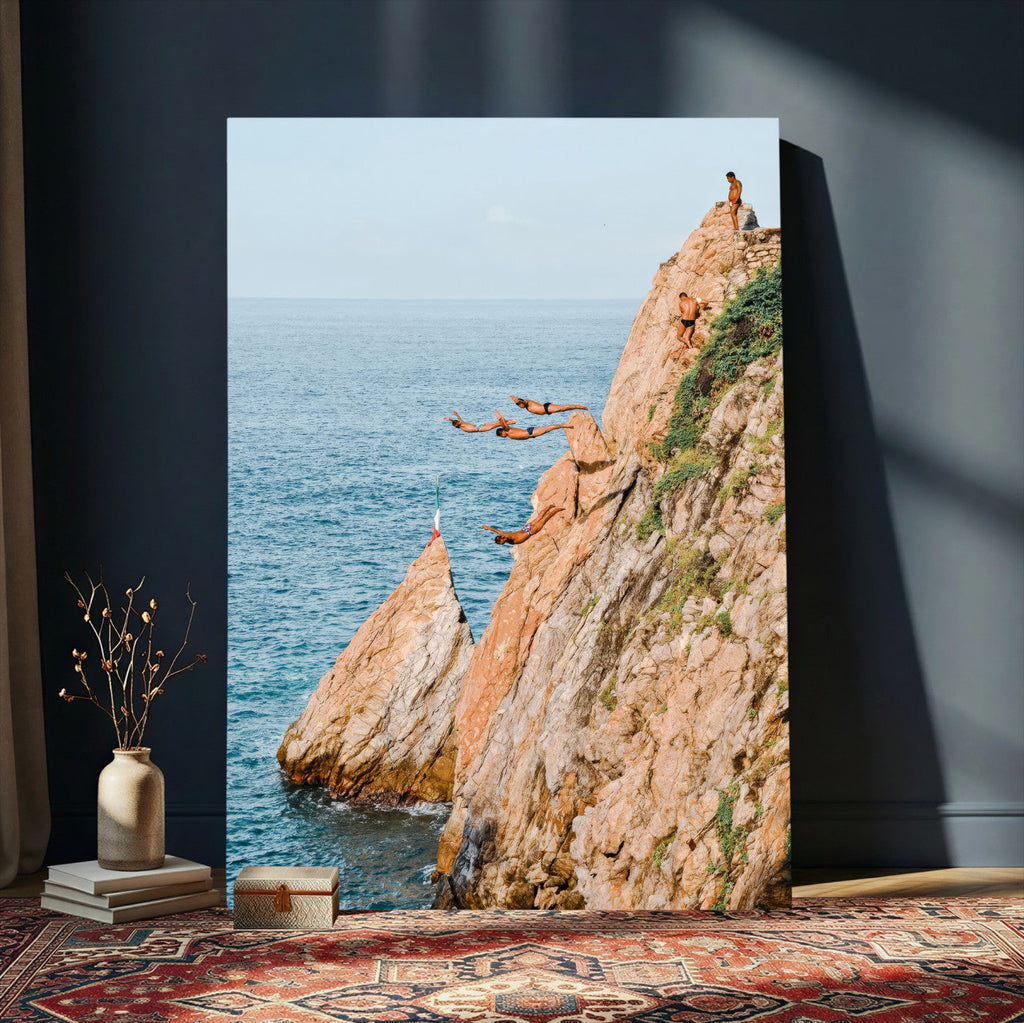 Cliff Dive Wall Art | Ocean Jump Canvas Print, Blue Sky