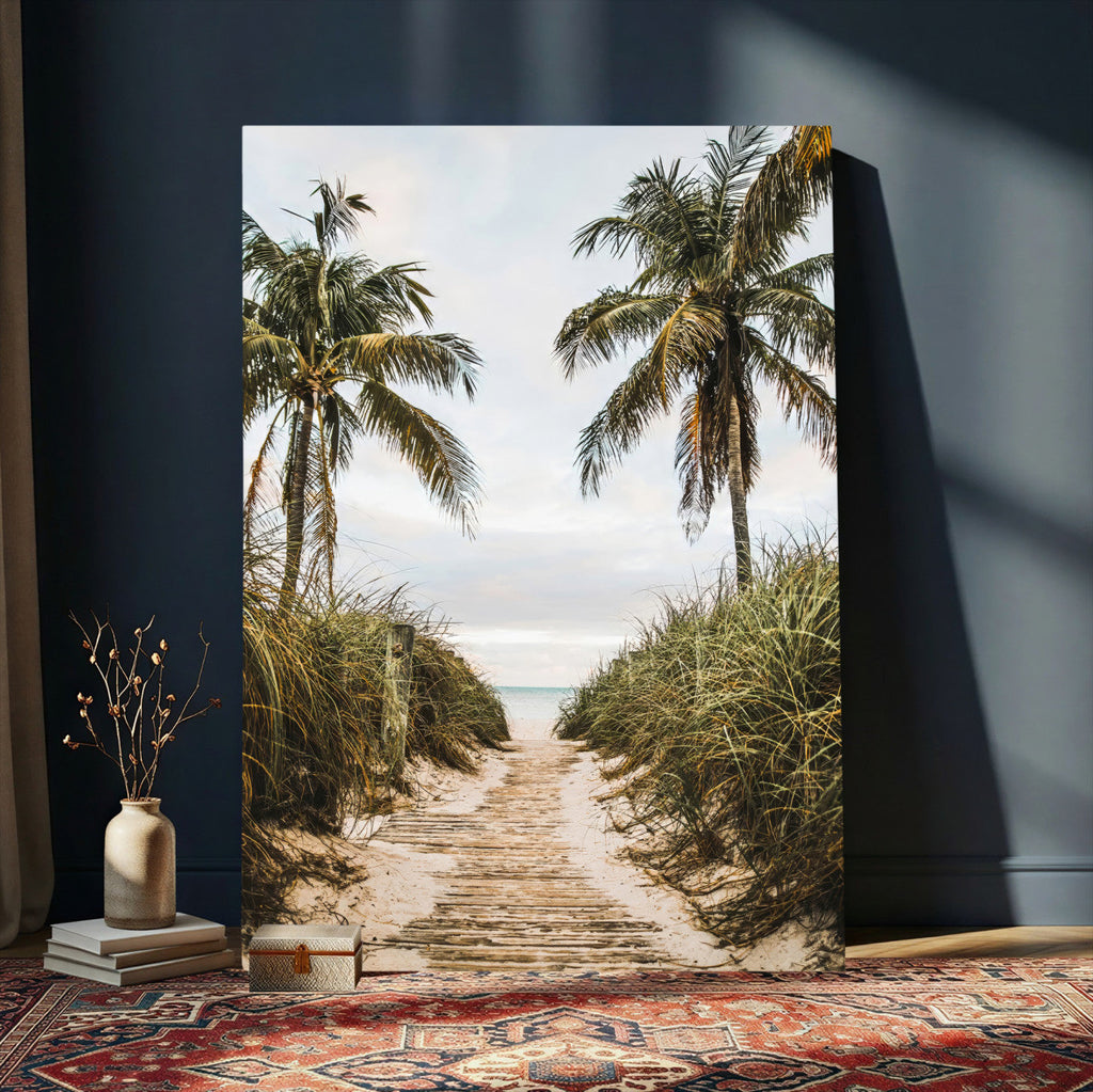 Tropical Palm Wall Art | Sandy Pathway Canvas Print, Ocean View