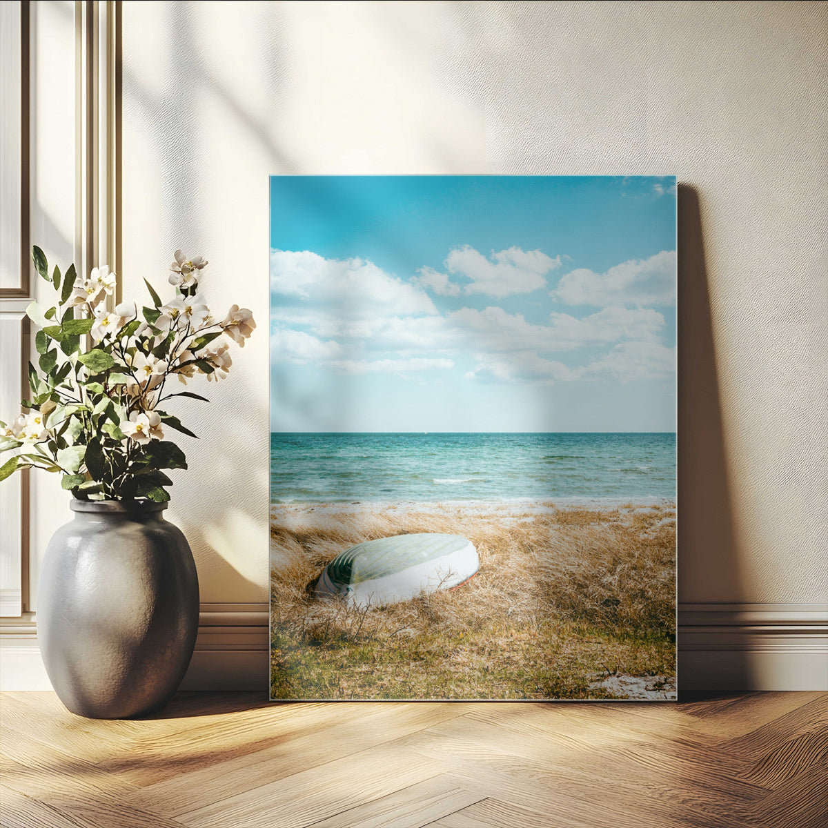 Coastal Serenity Wall Art Canvas Print, Framed Ocean View Art, Rustic Boat Nautical Coastal Decor