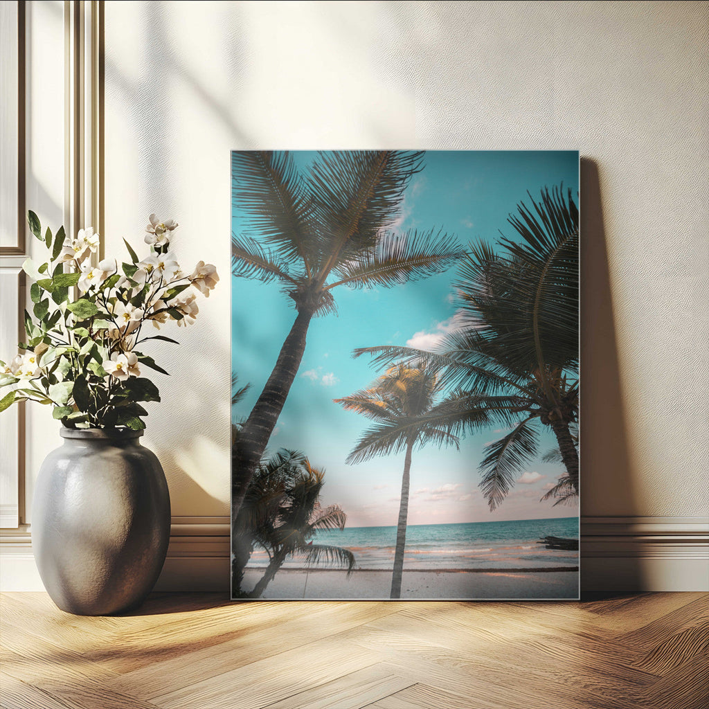 Palm Trees Wall Art Canvas Print, Framed Tropical Beach Art, Ocean Breeze Tropical Coastal Decor
