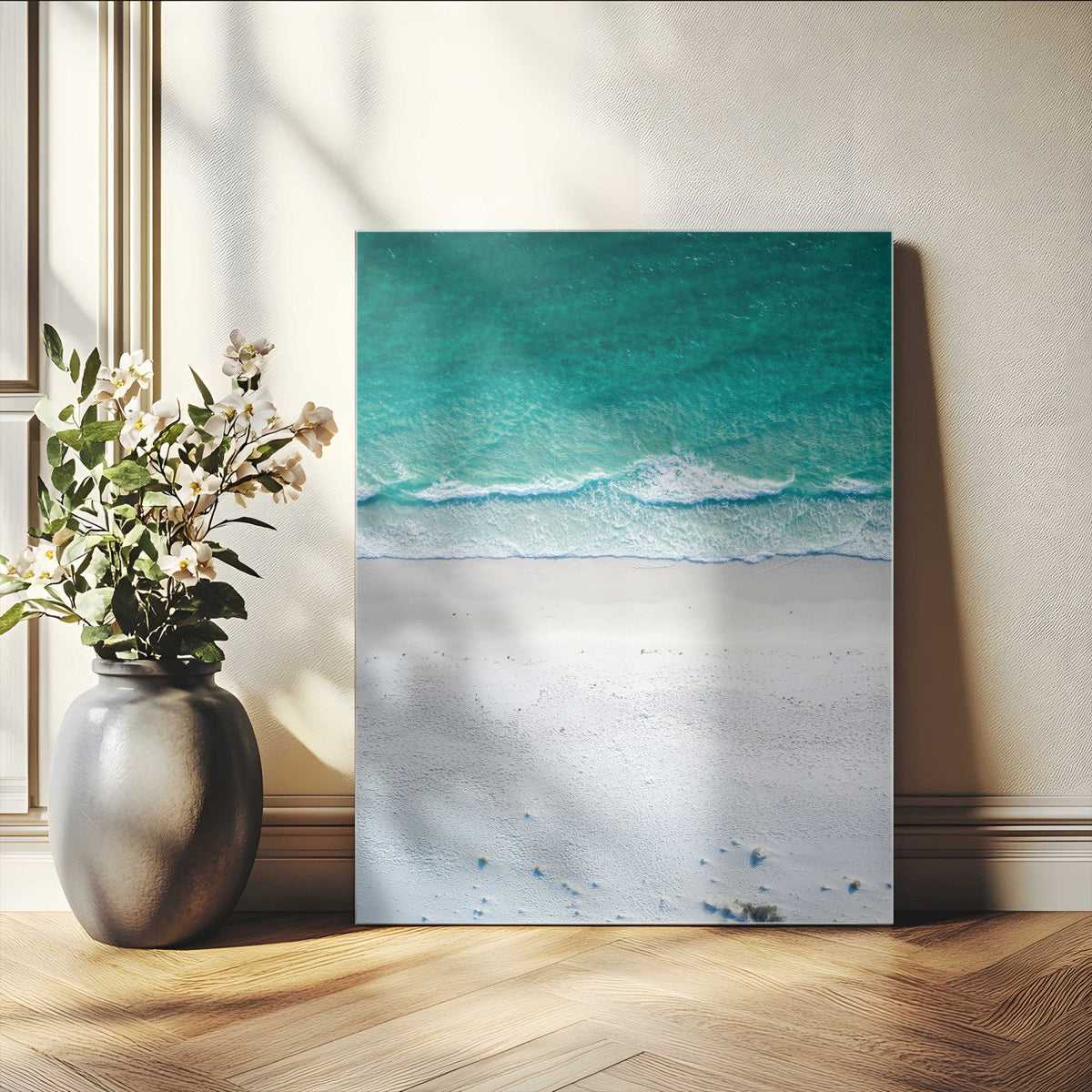 Turquoise Ocean Wall Art Canvas Print, Framed White Sand Shore Art, Gentle Waves Coastal Decor