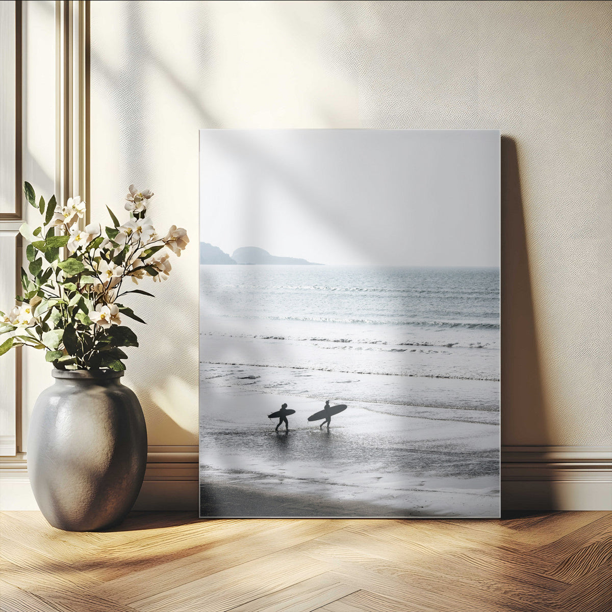 Surfer Silhouettes Wall Art Canvas Print, Framed Minimalist Ocean Art, Soft Horizon Coastal Decor