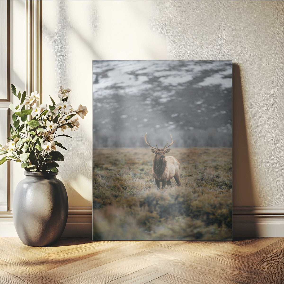Wild Elk Wall Art Canvas Print, Framed Mountain Wilderness Majestic Animal Artwork