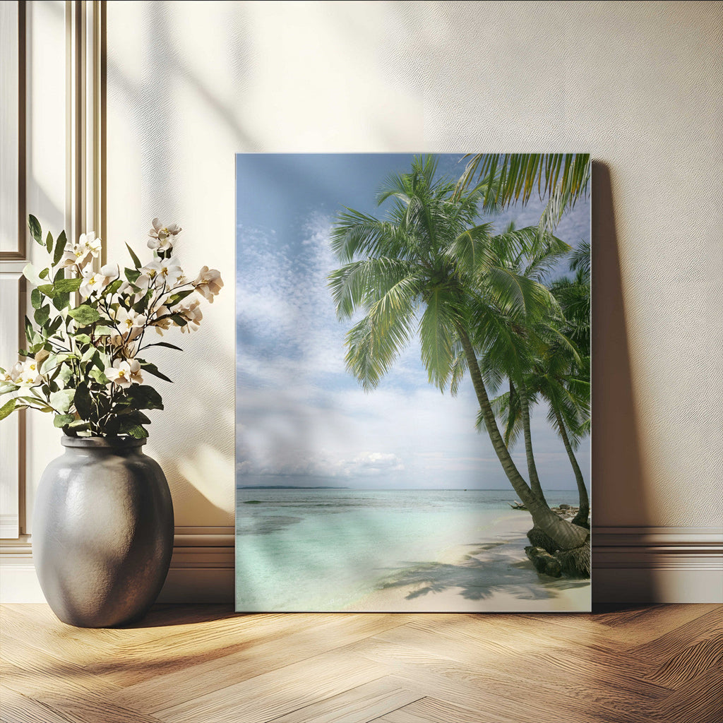 Tropical Beach Palm Trees Canvas Print, Framed Island Coastal Wall Art Ocean Horizon