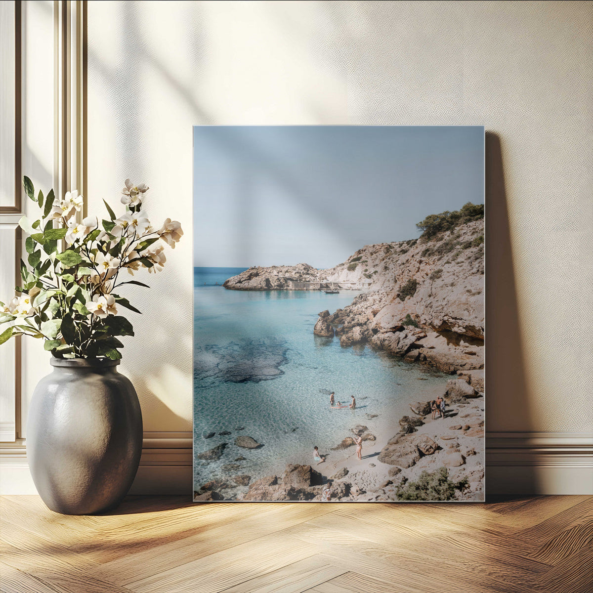 Clear Blue Water Beach Wall Art | Framed Rocky Cove Canvas