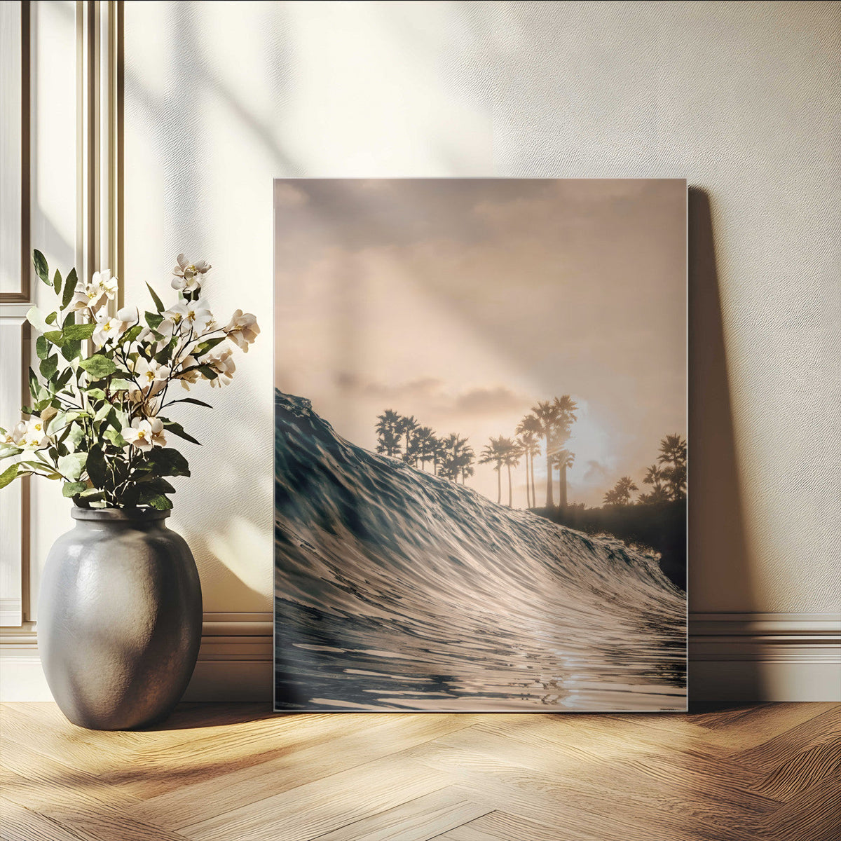 Sunset Wave Ocean Wall Art | Framed Palm Tree Canvas