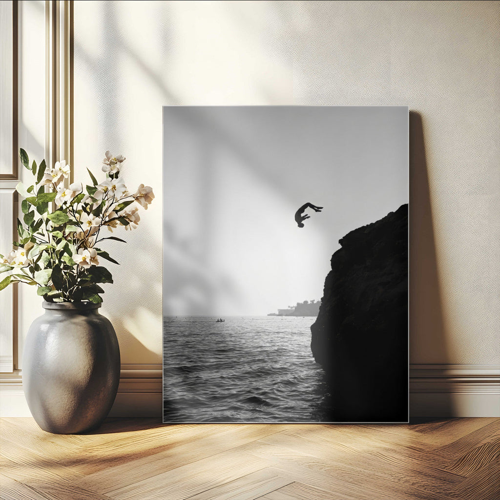 Silhouette Cliff Diver Wall Art | Framed Black White Ocean Canvas
