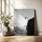 Silhouette Cliff Diver Wall Art | Framed Black White Ocean Canvas