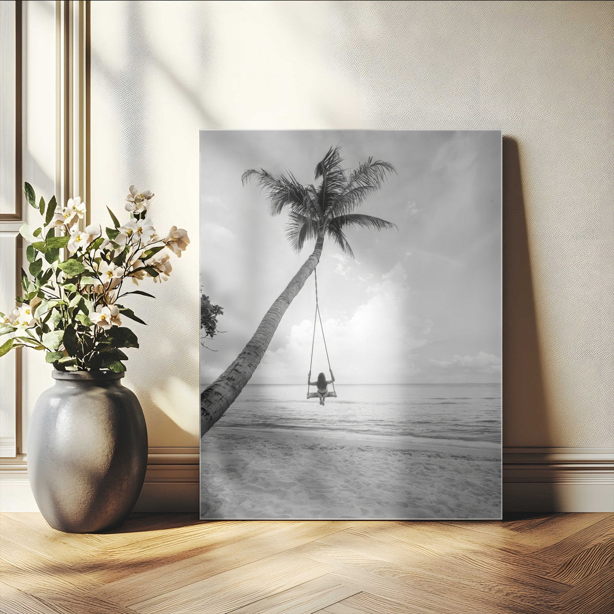 Black White Palm Tree Wall Art | Framed Ocean View Canvas
