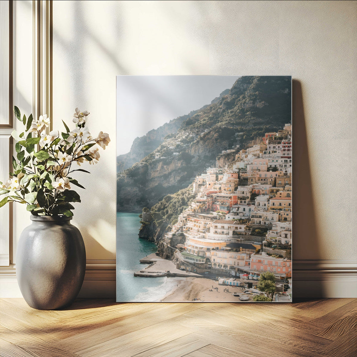 Mediterranean Coastal Cliffside Town Wall Art | Vibrant Seaside Canvas Print
