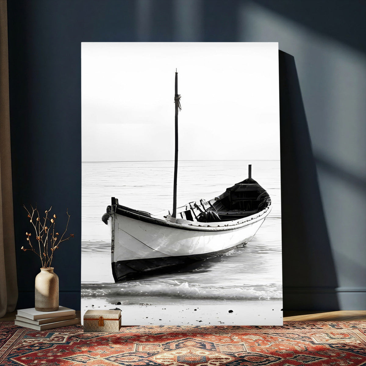 Minimal Boat Wall Art Canvas Print | Black and White Coastal Photography