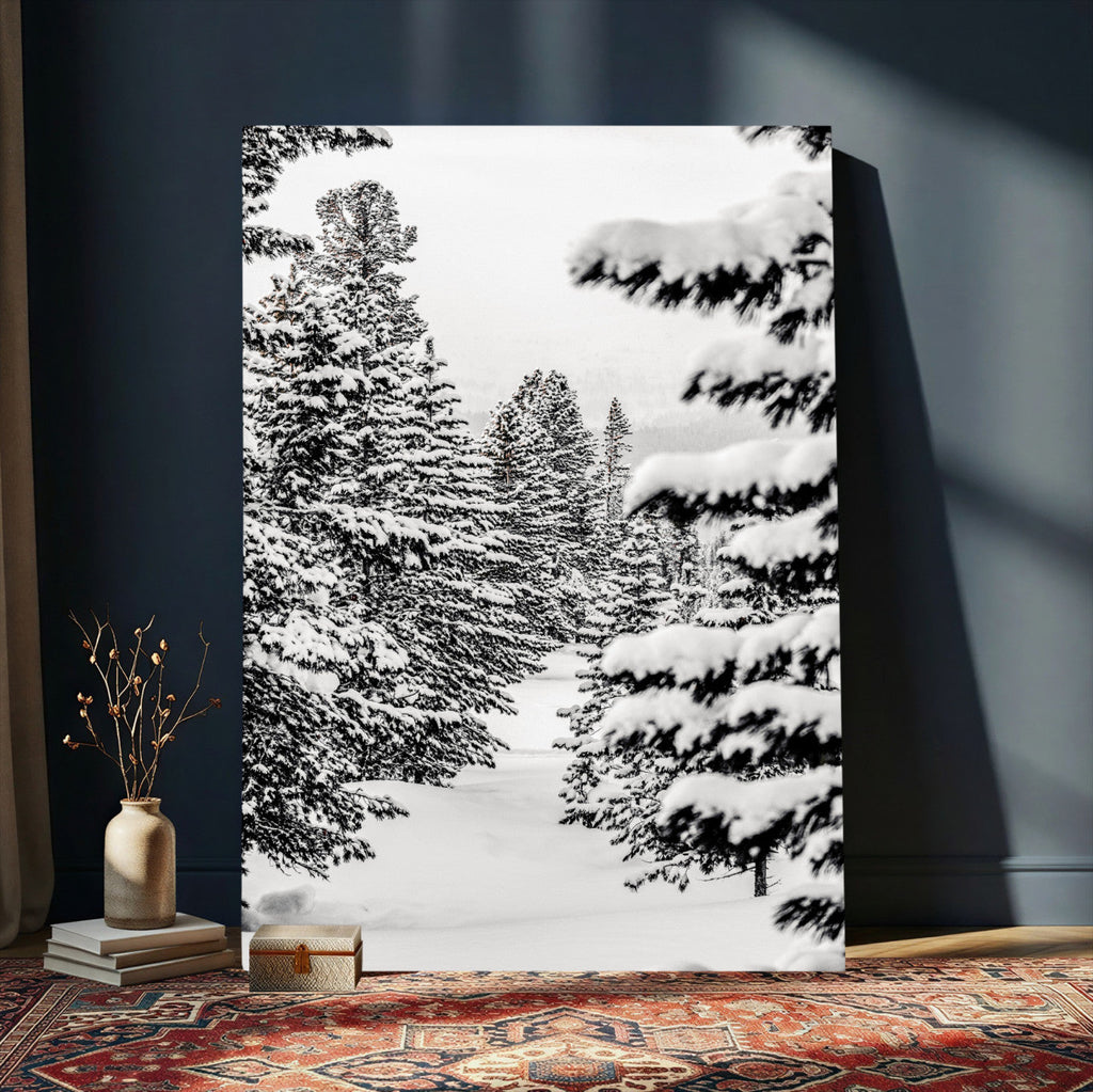 Winter Pine Forest Wall Art Canvas Print, Minimal Winter Landscape