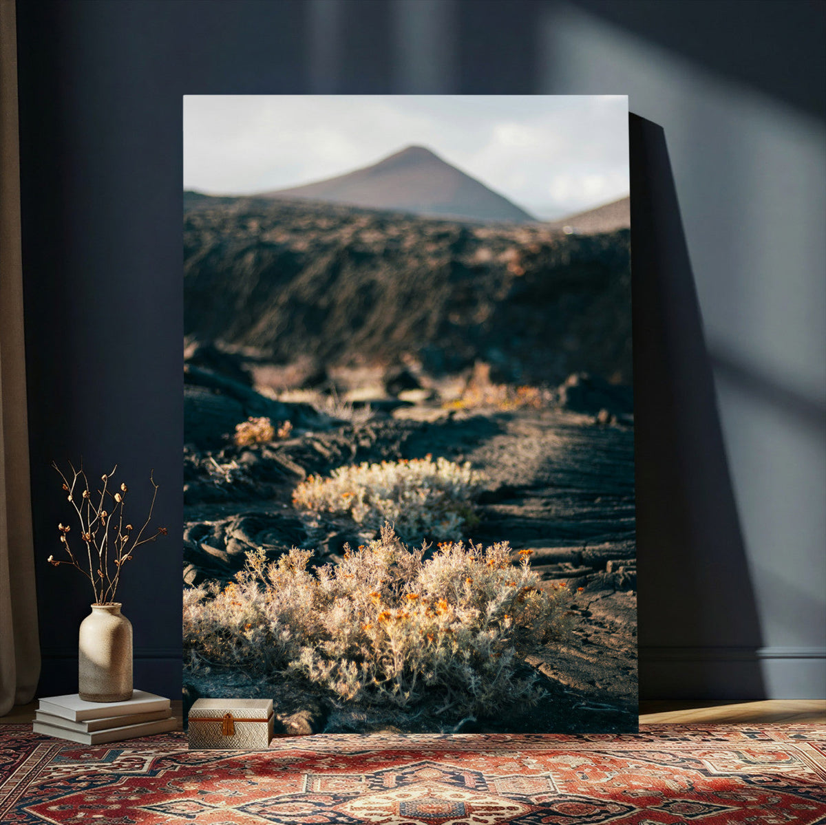 Desert Wall Art Canvas Print, Volcanic Landscape with Soft Wildflowers
