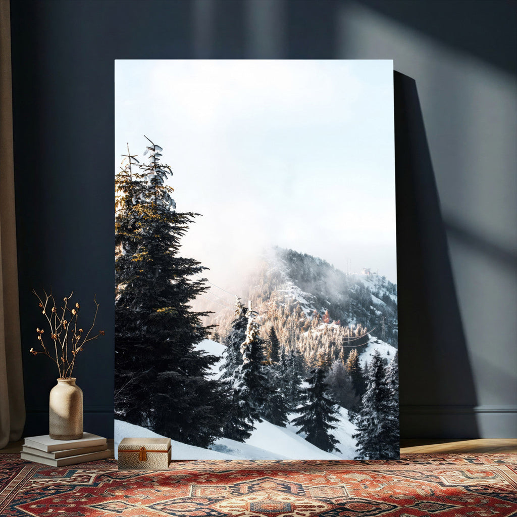 Snowy Mountain Forest Wall Art Canvas Print, Winter Pine Landscape