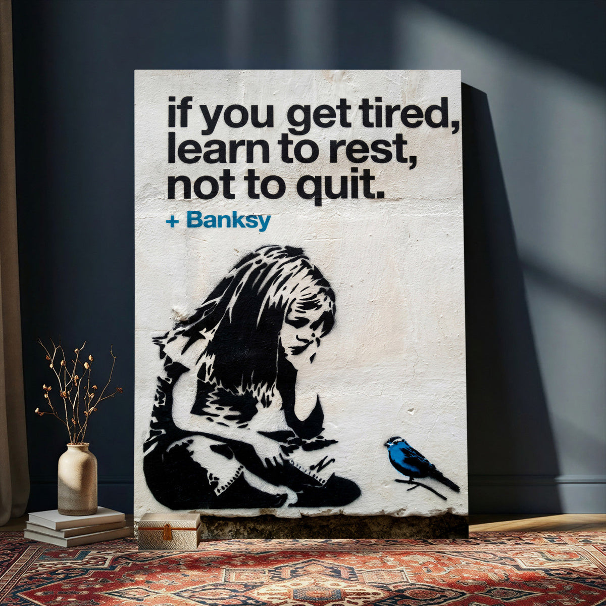 Banksy Girl and Blue Bird Canvas Art Print | Banksy If You Get Tired Street Art